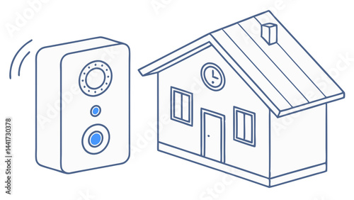 Vector artwork of a smart thermostat integrated in a home automation system, showing wireless functionality and modern temperature control design