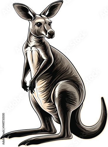 A wild mammal silhouette of a kangaroo and foal in the sand, like a brown antlered deer illustration against a white nature backdrop