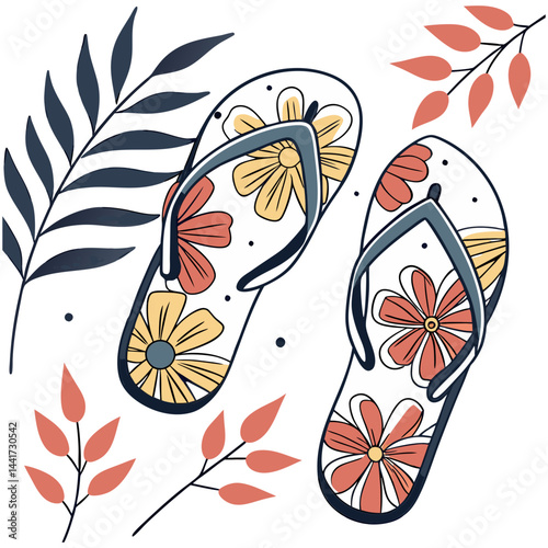 Vector illustration of stylish flip flops with vibrant floral patterns and leaves, evoking a tropical summer vibe in a playful hand-drawn design