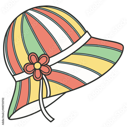 A colorful striped sun hat with a flower decoration and ribbon accent isolated on a white background