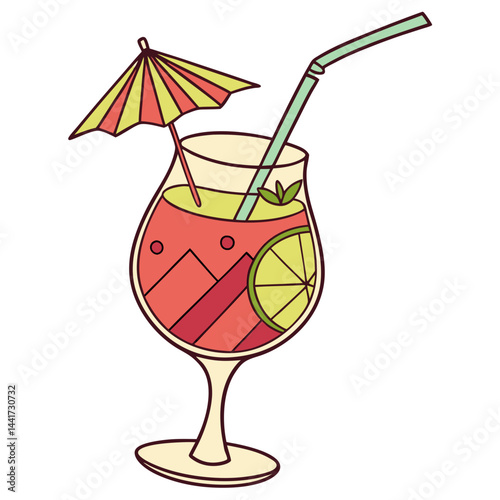Illustration of a cocktail glass filled with a red drink, garnished with a lime, straw and umbrella