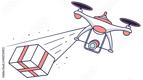 A cartoon drone delivering a present with pink ribbon against a white background in a simple style