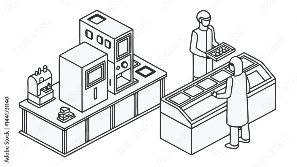 Fototapeta premium Isometric illustration of a food processing area with workers and machinery in a clean environment
