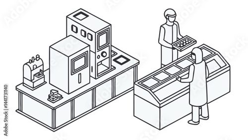 Isometric illustration of a food processing area with workers and machinery in a clean environment