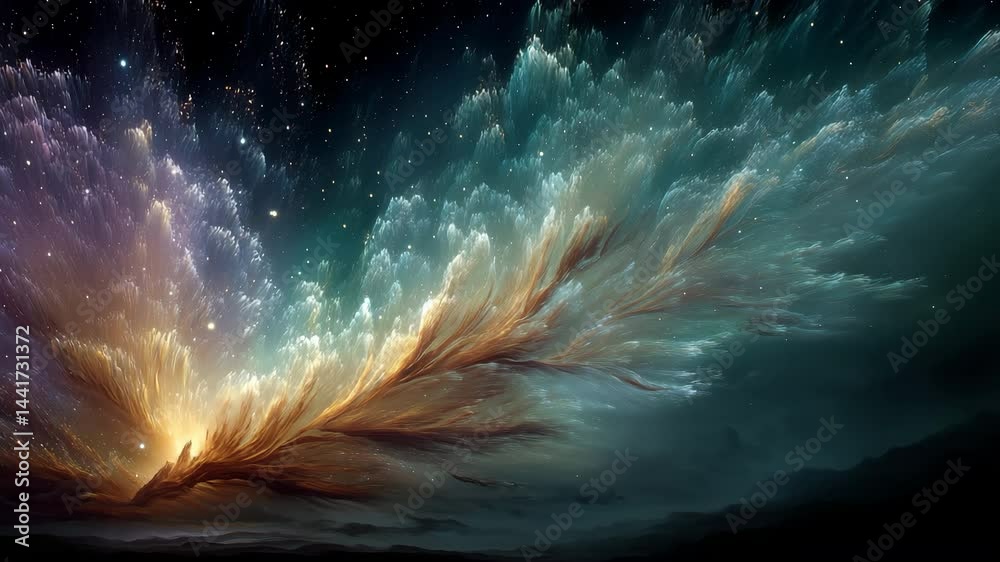 Cinematic background of galactic clouds with radiant nebula flares and interstellar colors in space
