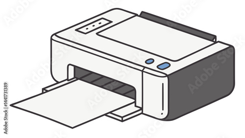 Isometric illustration of a white and gray printer with a sheet of paper being printed out from it