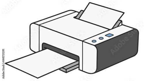 Illustration of a printer with paper loaded and a sheet coming out of it on a white background