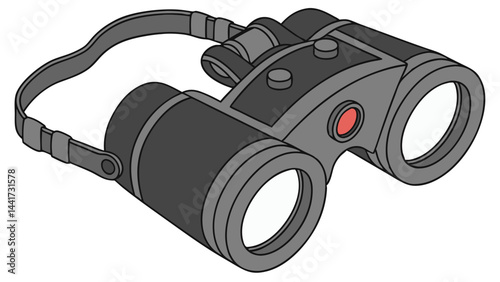Illustration of gray binoculars with a strap, two lenses, and a red button on a white background