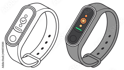 Illustration of two fitness trackers one in outline and one in gray with a colorful display showing