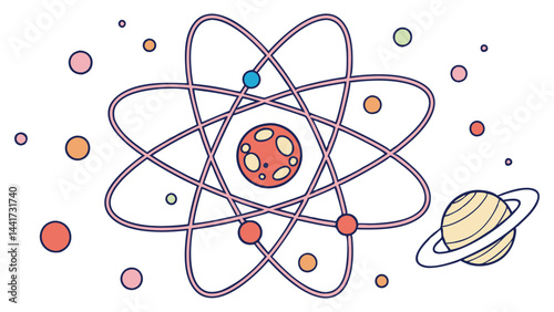 Illustration of an atom with orbiting electrons and a planet with rings surrounded by dots of light