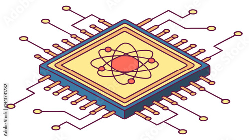 Illustration of a square shaped microchip with an atom symbol on it and multiple connecting pins