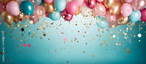 colorful balloons and streamers with space for copy