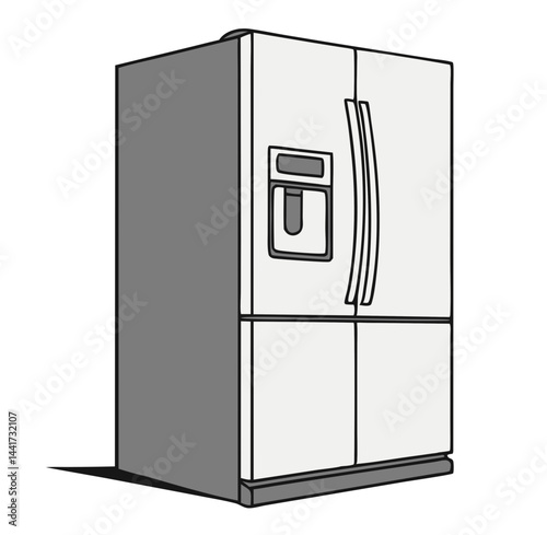 A detailed illustration of a modern white refrigerator with a water dispenser and double doors design