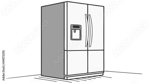 Illustration of a modern french door refrigerator with water dispenser standing in the corner of a room