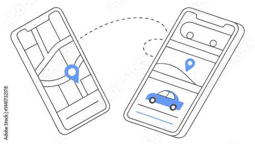 Two smartphones displaying a map and a car icon connected by a dotted line illustrating mobility