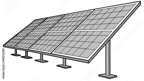 Illustration of a solar panel array with multiple panels mounted on a frame with support structures