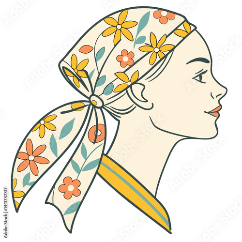 Woman in profile wearing a floral headscarf tied at the side with yellow and orange flower pattern