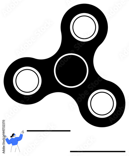 Black three-pronged fidget spinner with circular cutouts and a small cartoon figure pointing hands upwards. Ideal for stress relief, play, focus, mindfulness, entertainment, simplicity, simple