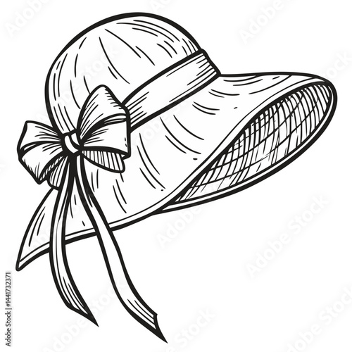 Illustration of a floppy sun hat with a ribbon and bow, featuring detailed line work and shading elements