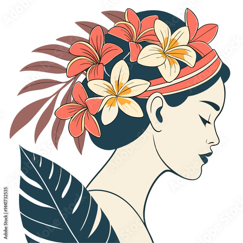 Illustration of a woman in profile with flowers and leaves adorning her hair and shoulder area