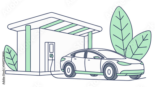 Illustration of an electric car charging at a station with leaves in the background design vector