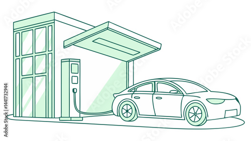 Illustration of an electric car charging at a station with a building in the background in green