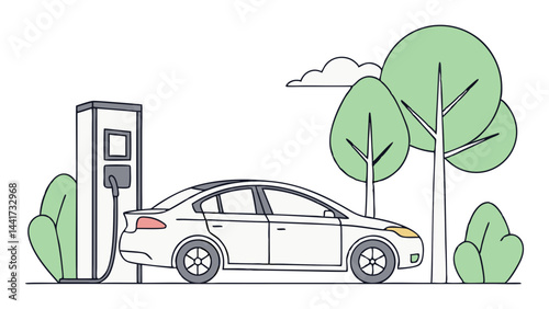 A white electric car is parked at a charging station surrounded by trees and a cloud in the background