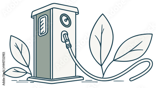 Illustration of an electric vehicle charging station surrounded by stylized green leaves design