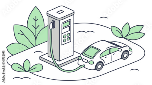 Isometric illustration of an electric car connected to a charging station surrounded by foliage and birds