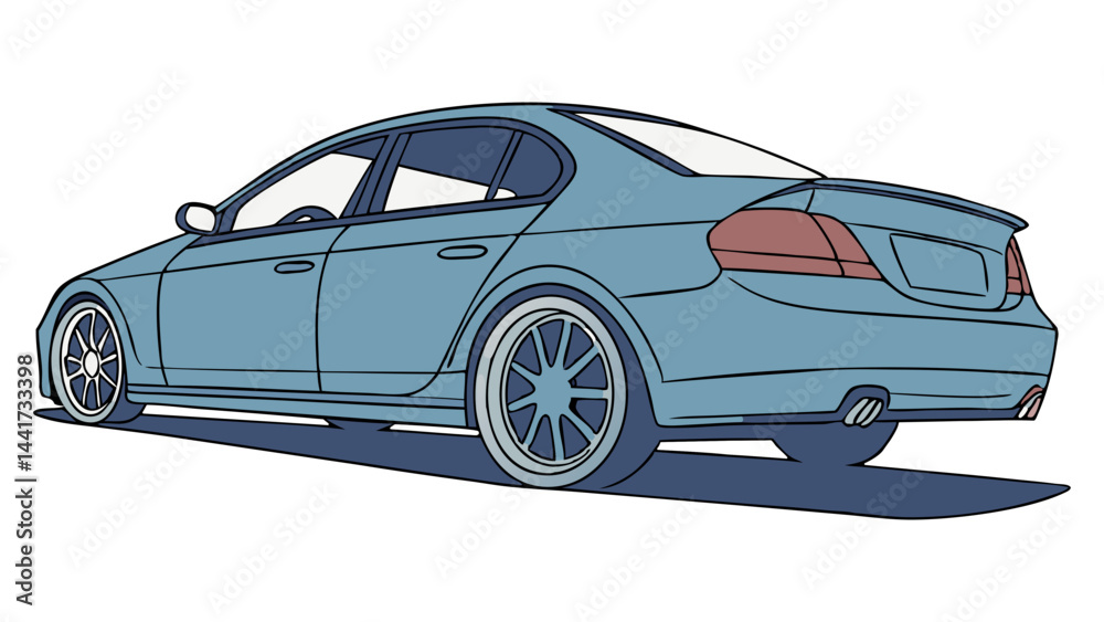 Fototapeta premium Rear view of a blue sedan with custom wheels and exhaust pipes casting a dark shadow on the ground
