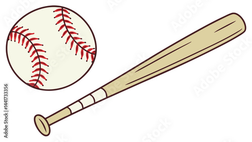 Illustration of a baseball with red stitching next to a baseball bat with a wrapped handle design