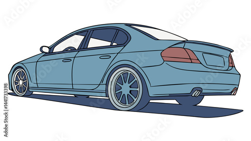 Rear view of a blue sedan with custom wheels and exhaust pipes casting a dark shadow on the ground