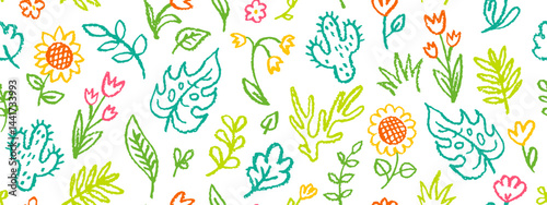 Flower and palm leaf pattern. Floral summer seamless background. Flower leaf vector abstract seamless pattern. Tropical plant print. Crayon texture spring Hawaii beach bg. Tropic floral art background