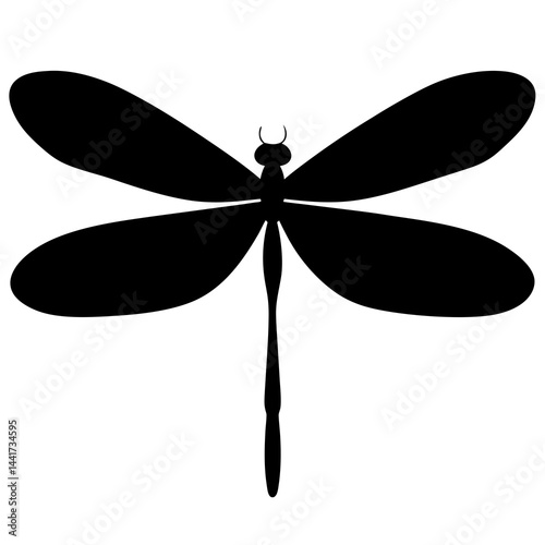 Minimalist black silhouette of a dragonfly with wide wings