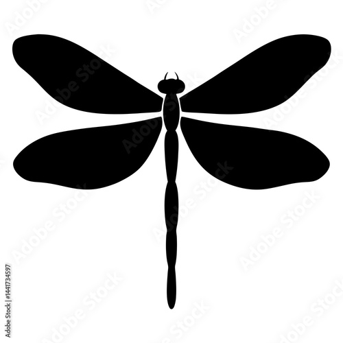 Minimalist black silhouette of a dragonfly with wide wings