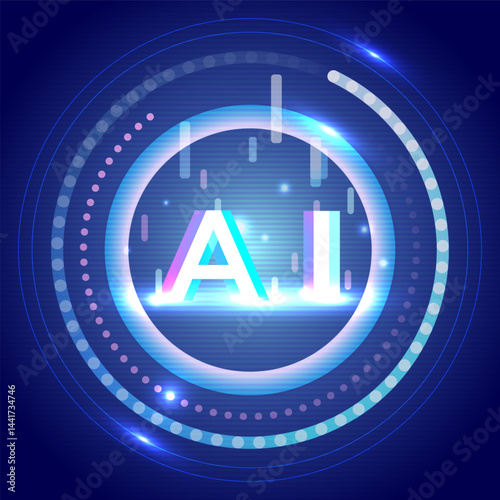 AI Technology design showing glowing letters with digital effects and HUD interface. Perfect for artificial intelligence, future tech, and virtual concepts.
