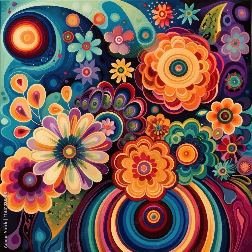 Fototapeta premium vibrant psychedelic floral arrangement with large colorful flowers, swirling patterns, and contrasting bright blues, oranges, purples, and greens creating a lively and energetic mood