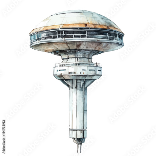 Space Elevator Platform, vector watercolor illustration, isolated on a white background.