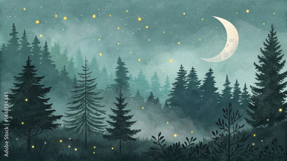 Naklejka premium Mystical Moonlit Forest with Glowing Fireflies, Rolling Fog Enhancing the Enchanting Twilight Atmosphere, Pine Trees Silhouetted Against the Starry Sky, Capturing Serenity and Dreamlike Nocturnal Beau