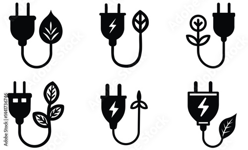Green plug icon environmental silhouette black vector art set design