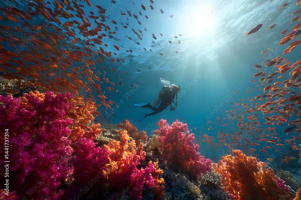 Fototapeta premium A scuba diver feeding a large school of tropical fish near a vibrant coral reef, action-packed underwater moment with vivid colors and soft sunlight.