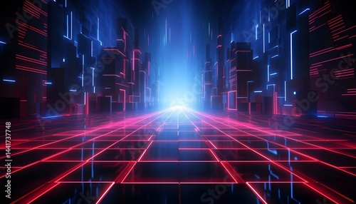A cityscape with a red and blue background