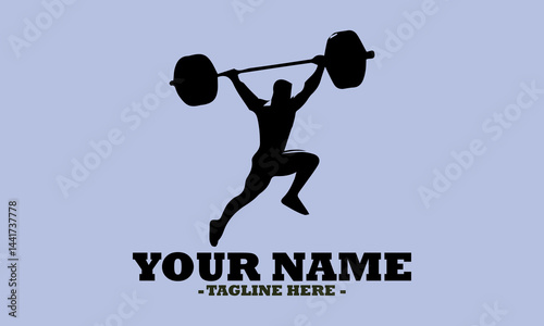 A weight lifting muscle man or bodybuilder weightlifting weights, vector illustrator and one weightlifter lifting a barbell isolated on logo background