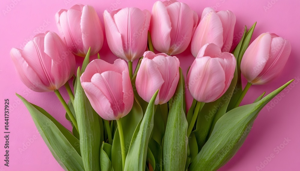 Fototapeta premium A bouquet of pink tulips is arranged in a row