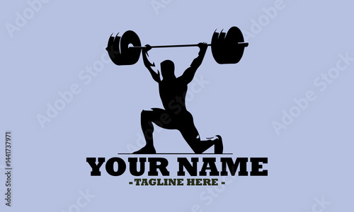 A weight lifting muscle man or bodybuilder weightlifting weights, vector illustrator and one weightlifter lifting a barbell isolated on logo background