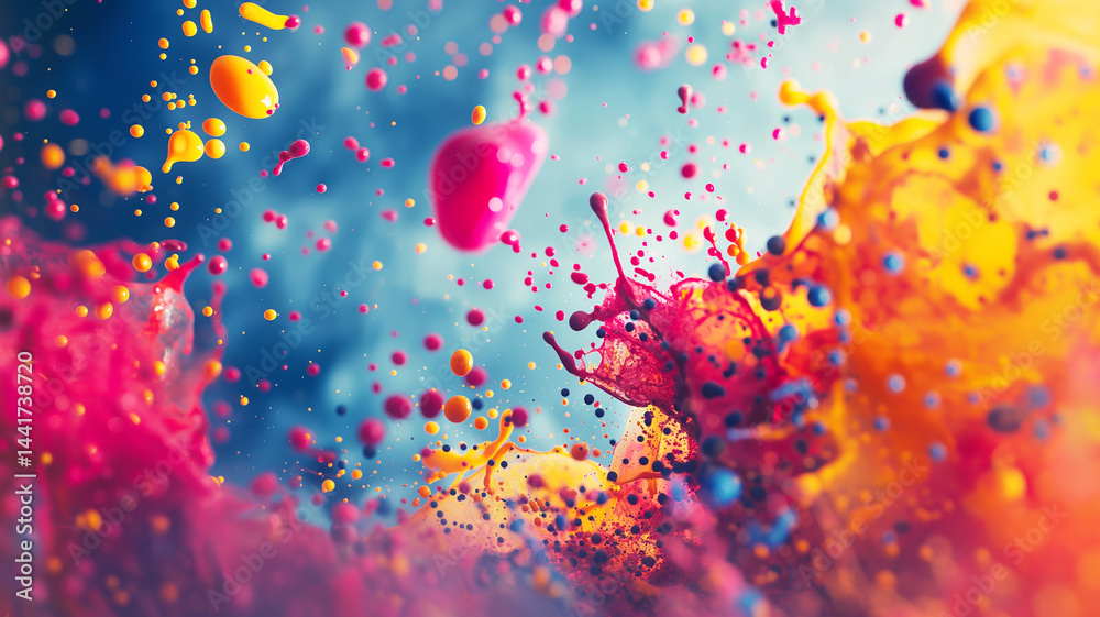 Paint Burst: Dynamic color splatters erupting across a neutral backdrop
