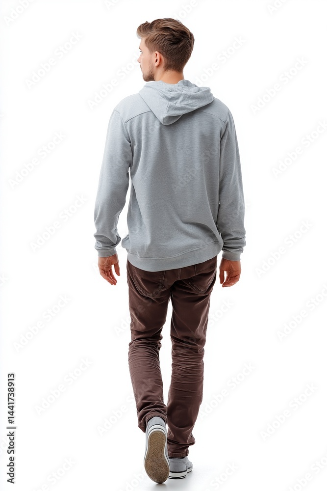 Naklejka premium A man wearing a gray hoodie and brown pants walks on a white background. The image conveys a casual and relaxed atmosphere, as the man is walking leisurely and enjoying his surroundings