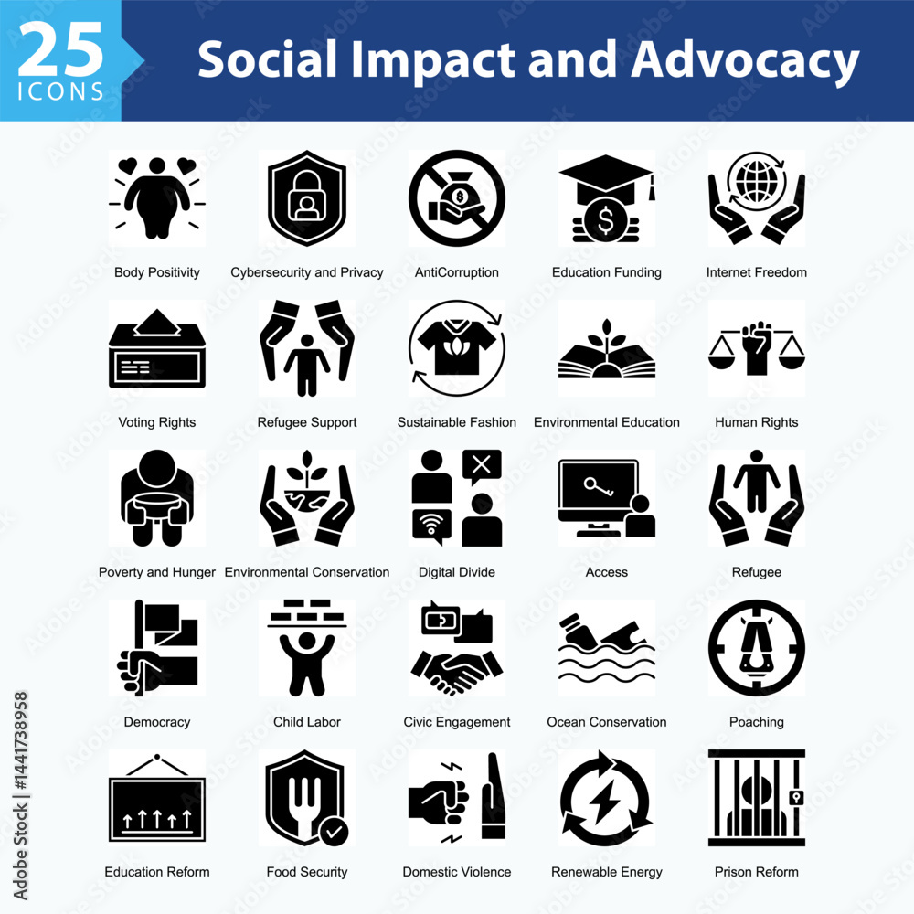 Fototapeta premium Social Impact & Advocacy is a collection of icons in sheet format illustrating global social issues, human rights movements, and sustainability campaigns supporting positive societal change. 