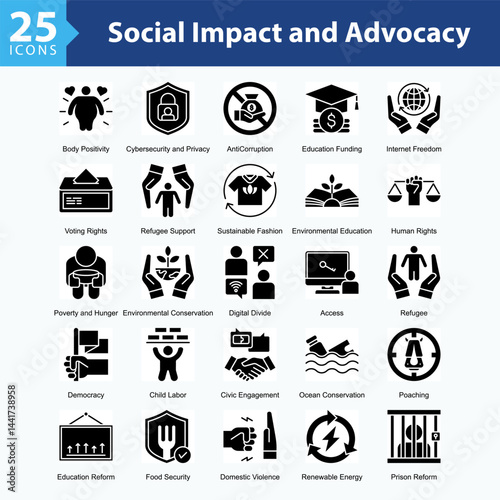 Social Impact & Advocacy is a collection of icons in sheet format illustrating global social issues, human rights movements, and sustainability campaigns supporting positive societal change.	
