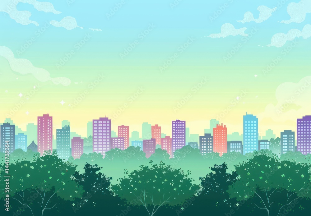 Fototapeta premium Colorful city skyline with tall buildings behind lush green trees under a bright clear sky with scattered clouds and sparkling stars, evoking calm and peaceful urban nature harmony